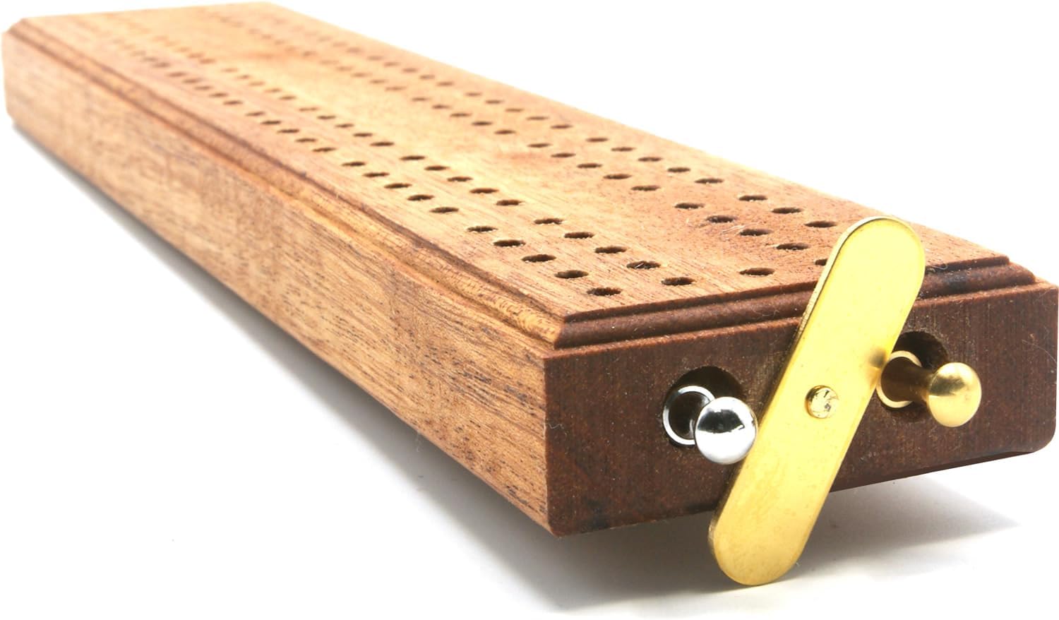 Hardwood cribbage board with peg storage