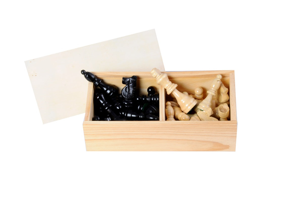 A wooden chess set box with a light natural wood base, shown open with black and white chess pieces inside 