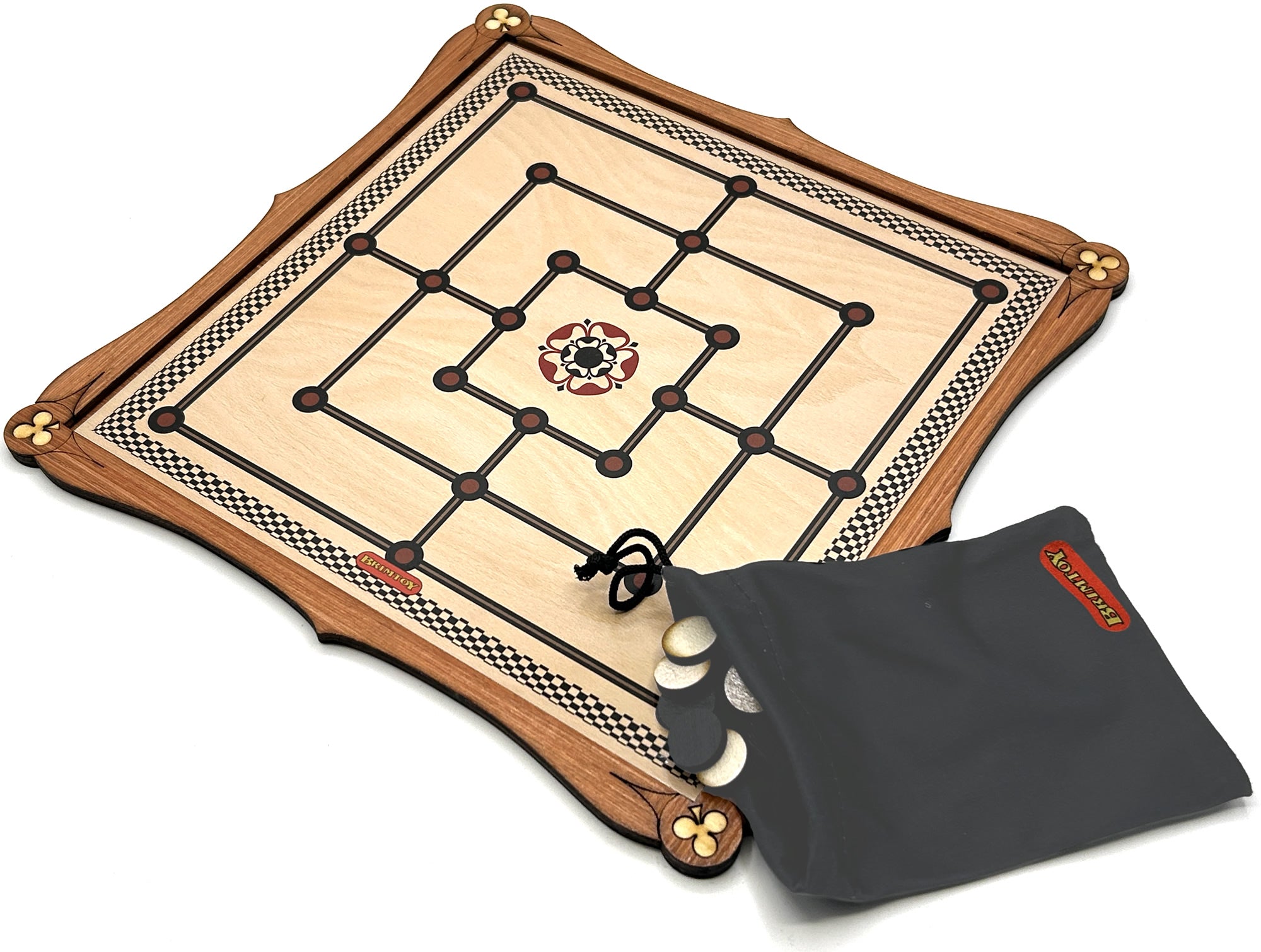 Wooden Nine Men's Morris Board Game with playing pieces and bag for playing pieces