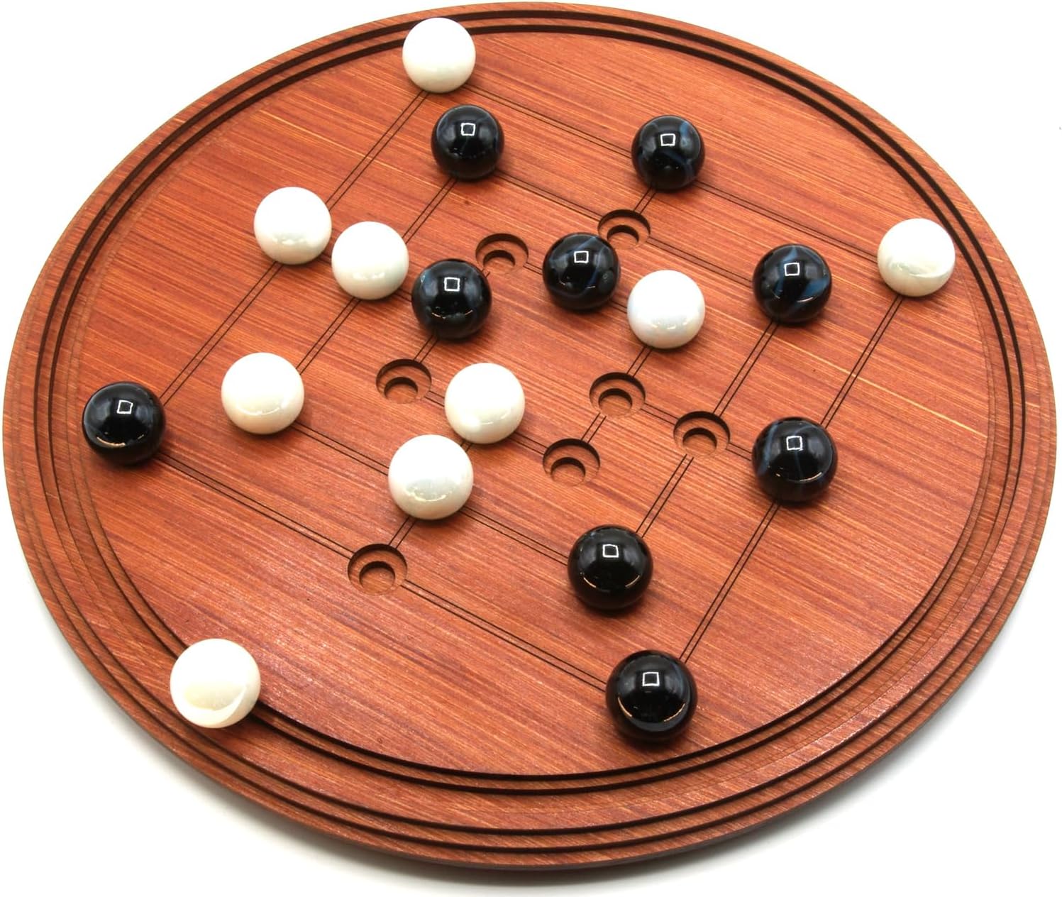 Round Nine Men's Morris wooden board game with marble playing pieces