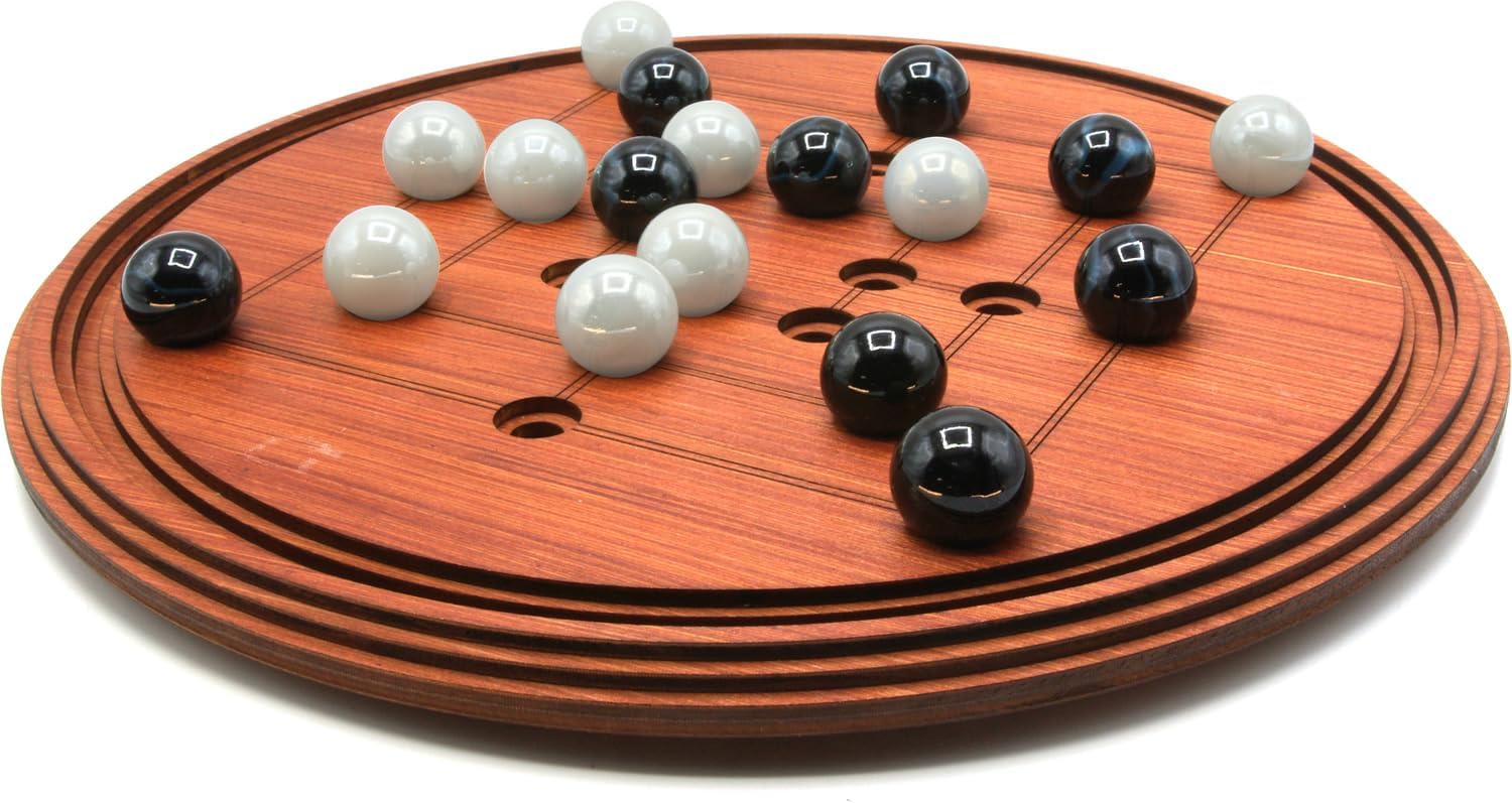 Round Nine Men's Morris wooden board game with marble playing pieces