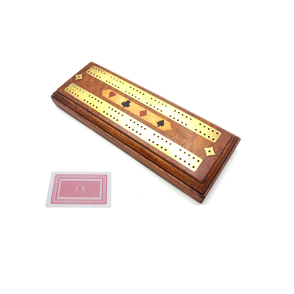 Antique Inlaid oak and brass cribbage board
