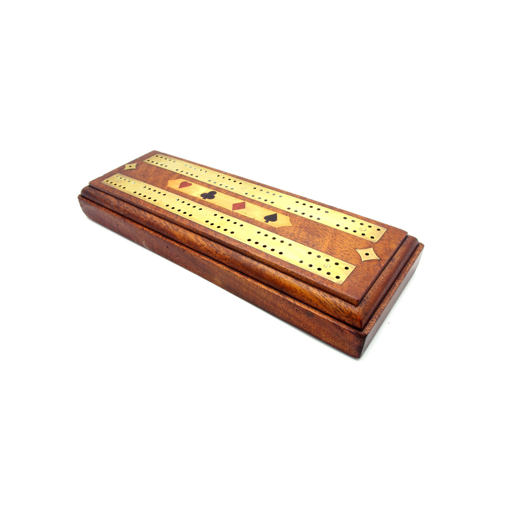 Antique Inlaid oak and brass cribbage board
