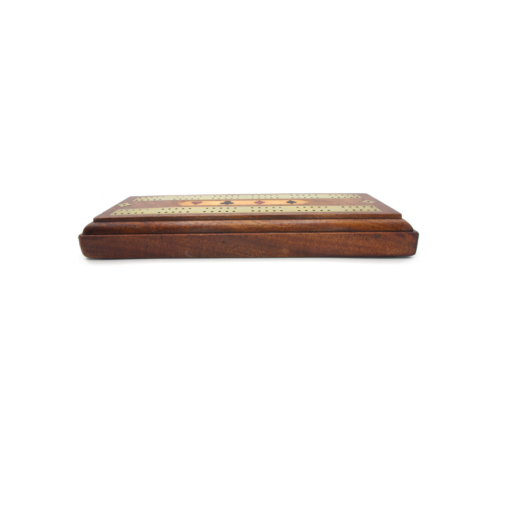 Antique Inlaid oak and brass cribbage board
