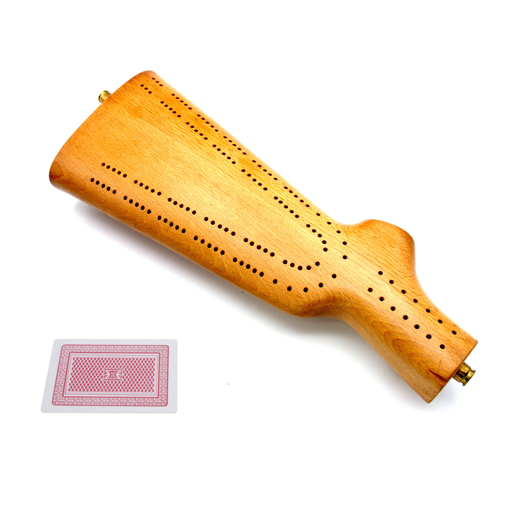 Rifle-butt cribbage board.