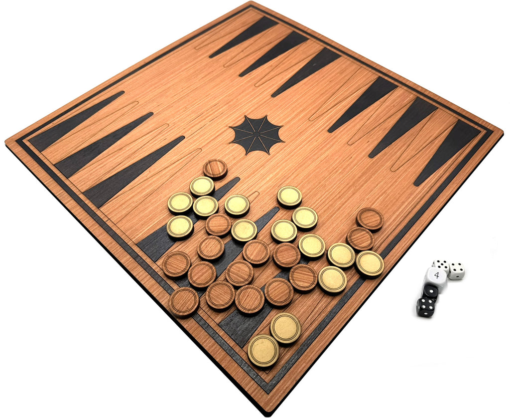 40cm Wooden Backgammon Game with wooden pieces and doubling dice.