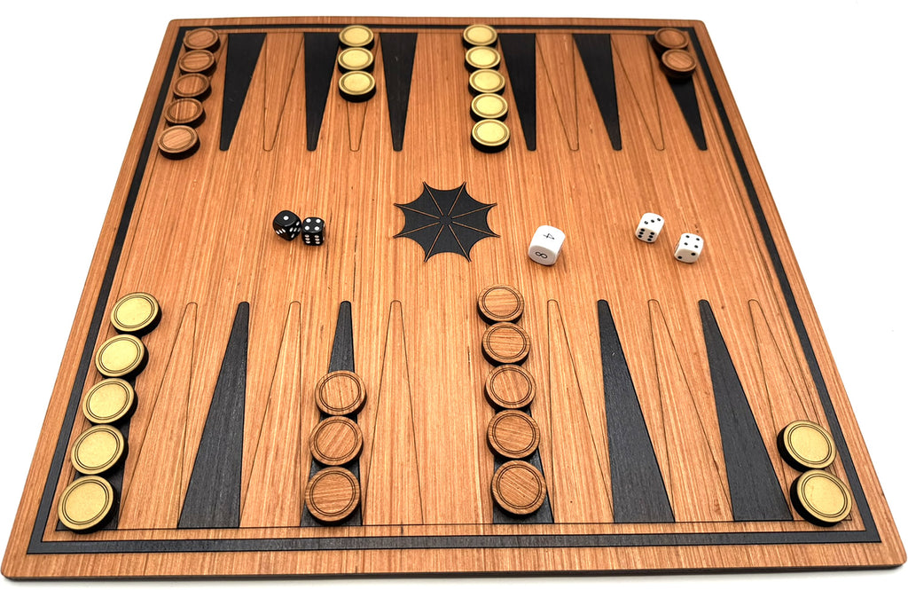 40cm Wooden Backgammon Game with wooden pieces and doubling dice.