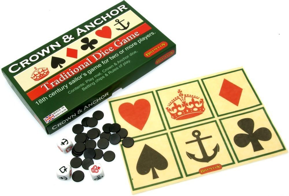 Crown & Anchor dice game set with dice, counters and playing mat.