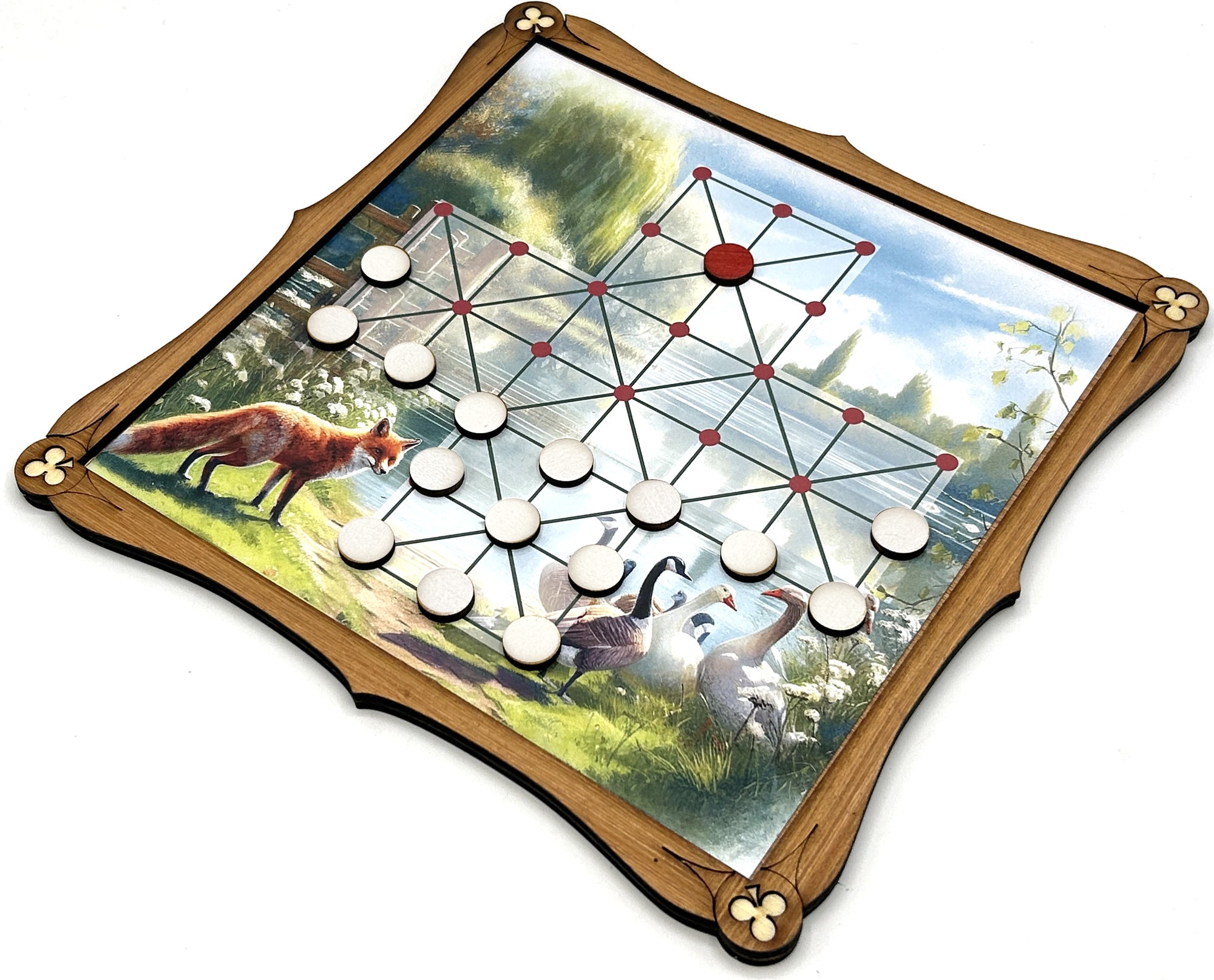 Wooden Fox and Geese Board Game with playing pieces