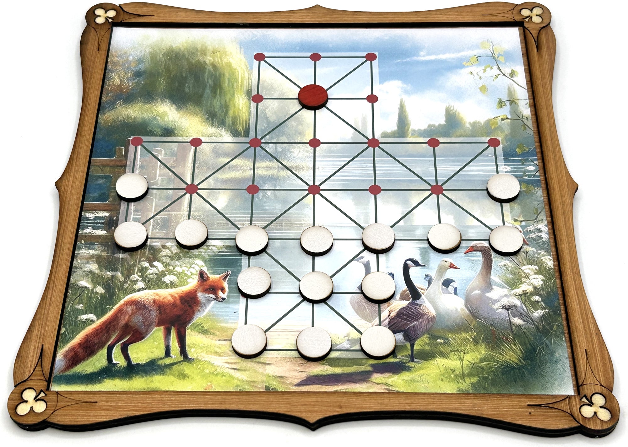 Wooden Fox and Geese Board Game with playing pieces