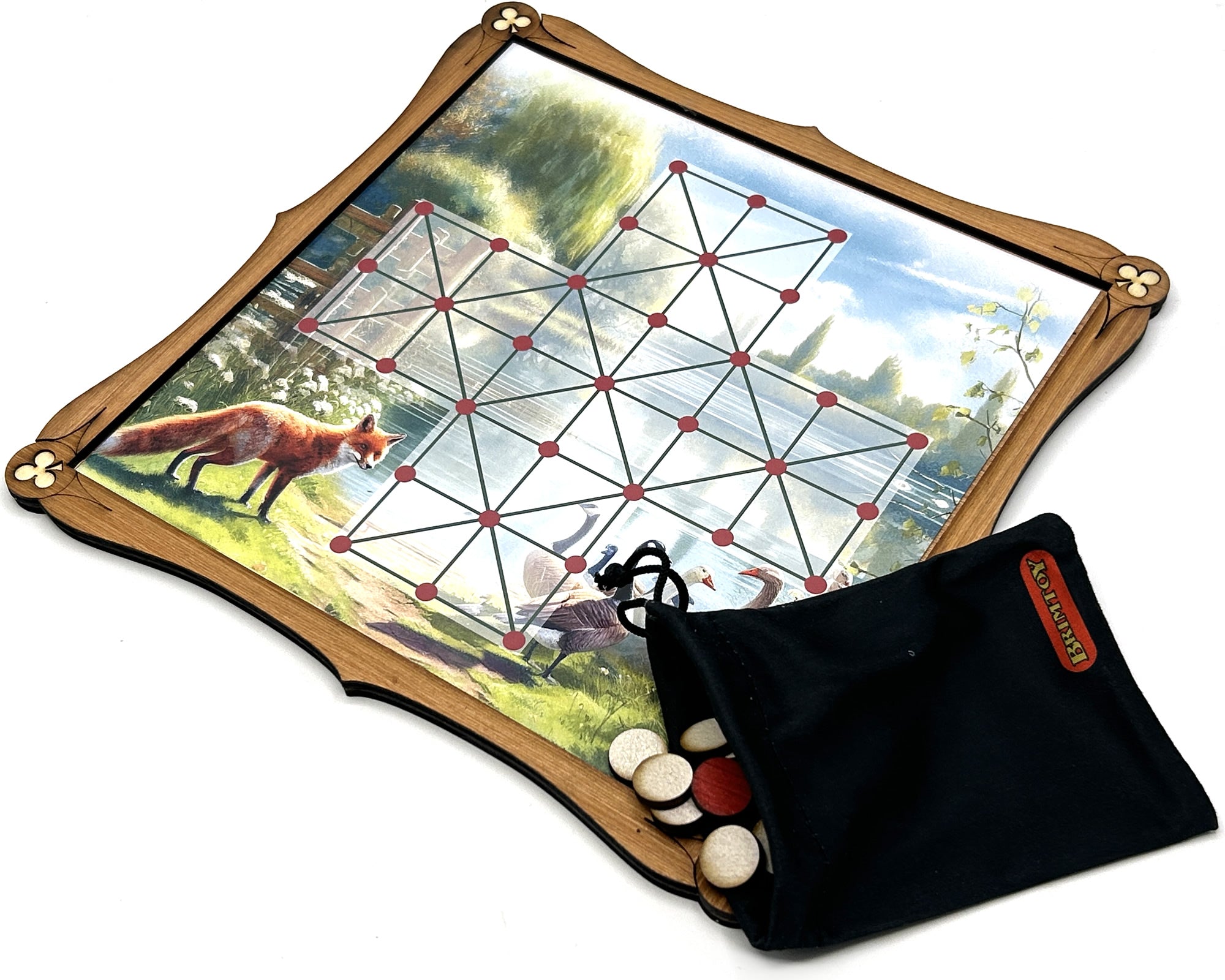 Wooden Fox and Geese Board Game with playing pieces and bag for playing pieces