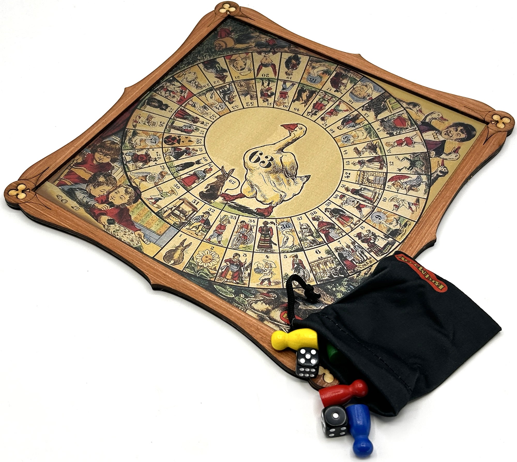 Wooden Game of Goose Board game with playing pieces with bag for playing pieces