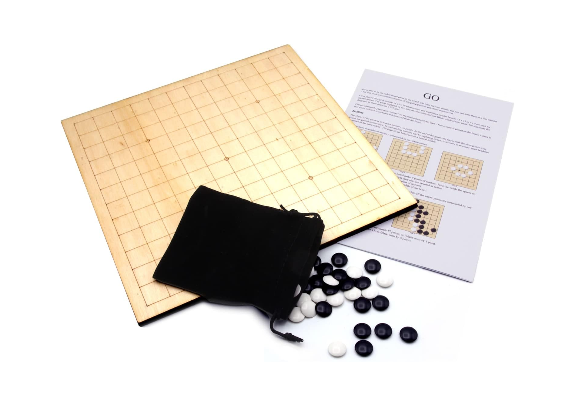 Go game set with board, stones, instructions and drawstring bag