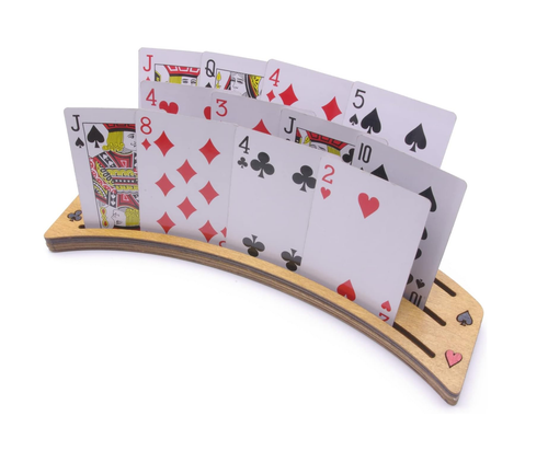 Large wooden card holder with playing cards