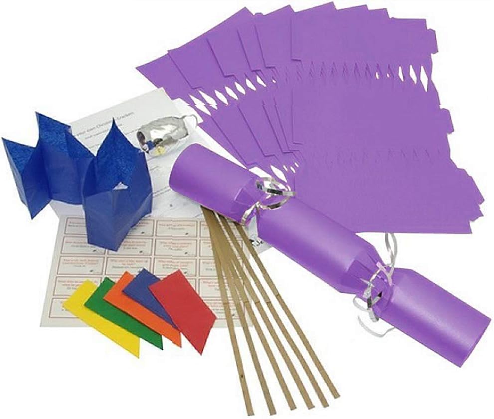 Purple make your own Christmas crackers with jokes, hats, snaps and ribbon
