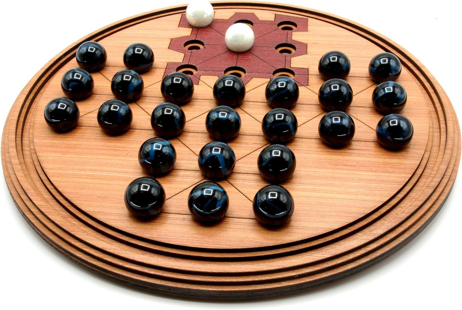 Round Asalto wooden board game with marble playing pieces
