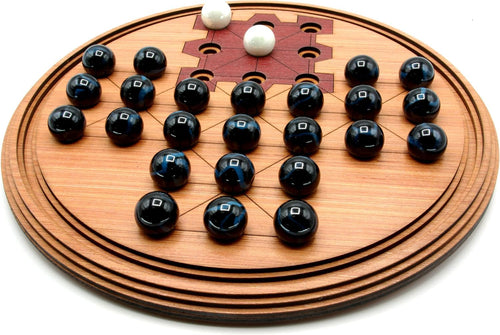 Round Asalto wooden board game with marble playing pieces