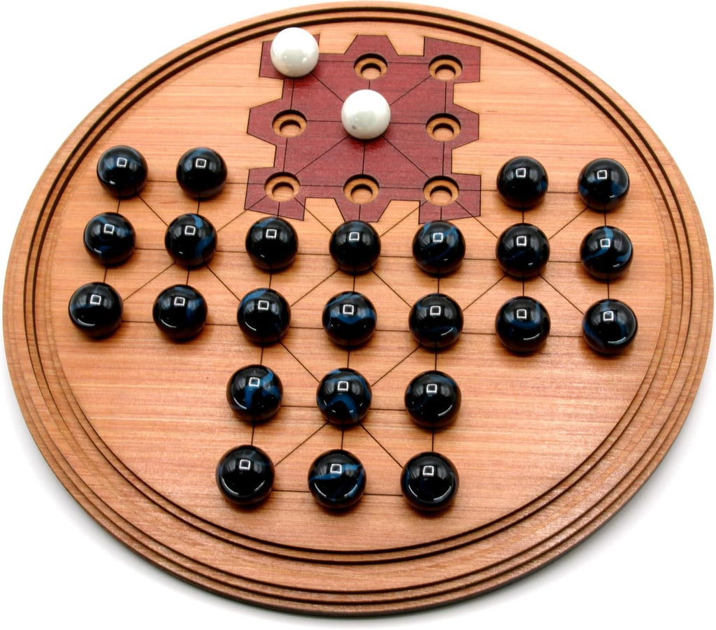 Round Asalto wooden board game with marble playing pieces