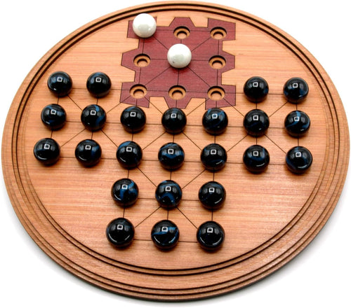 Round Asalto wooden board game with marble playing pieces