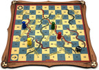 Wooden snakes and ladders board game with game pieces and die.