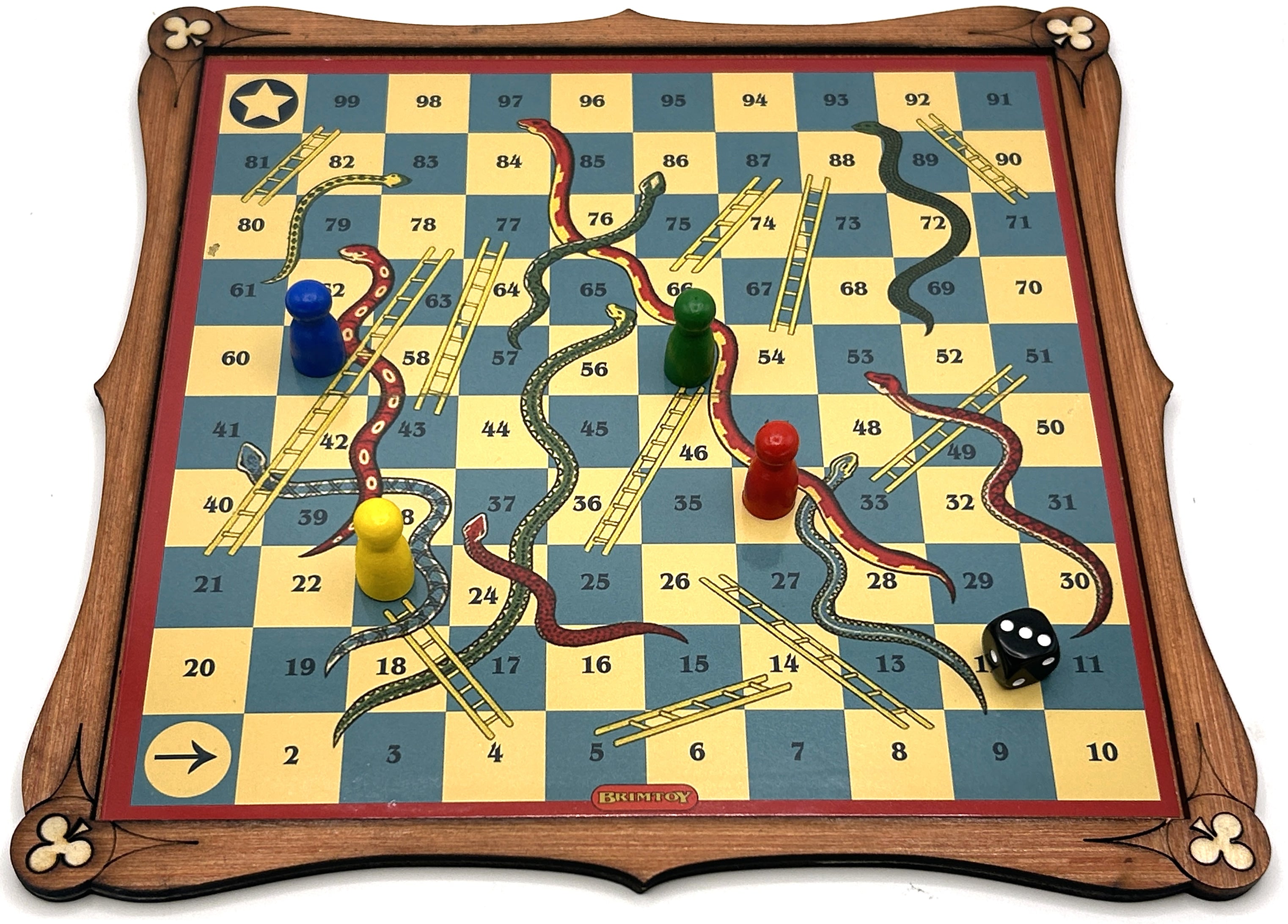 Wooden snakes and ladders board game with game pieces and die.