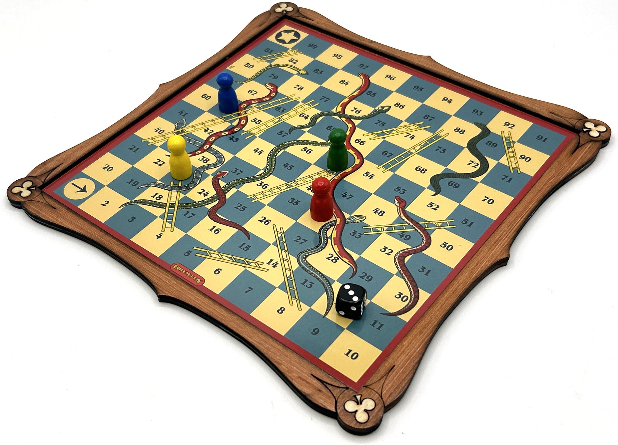 Wooden snakes and ladders board game with game pieces and die.