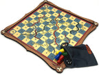 Wooden snakes and ladders board game with game pieces, die and bag for game pieces.