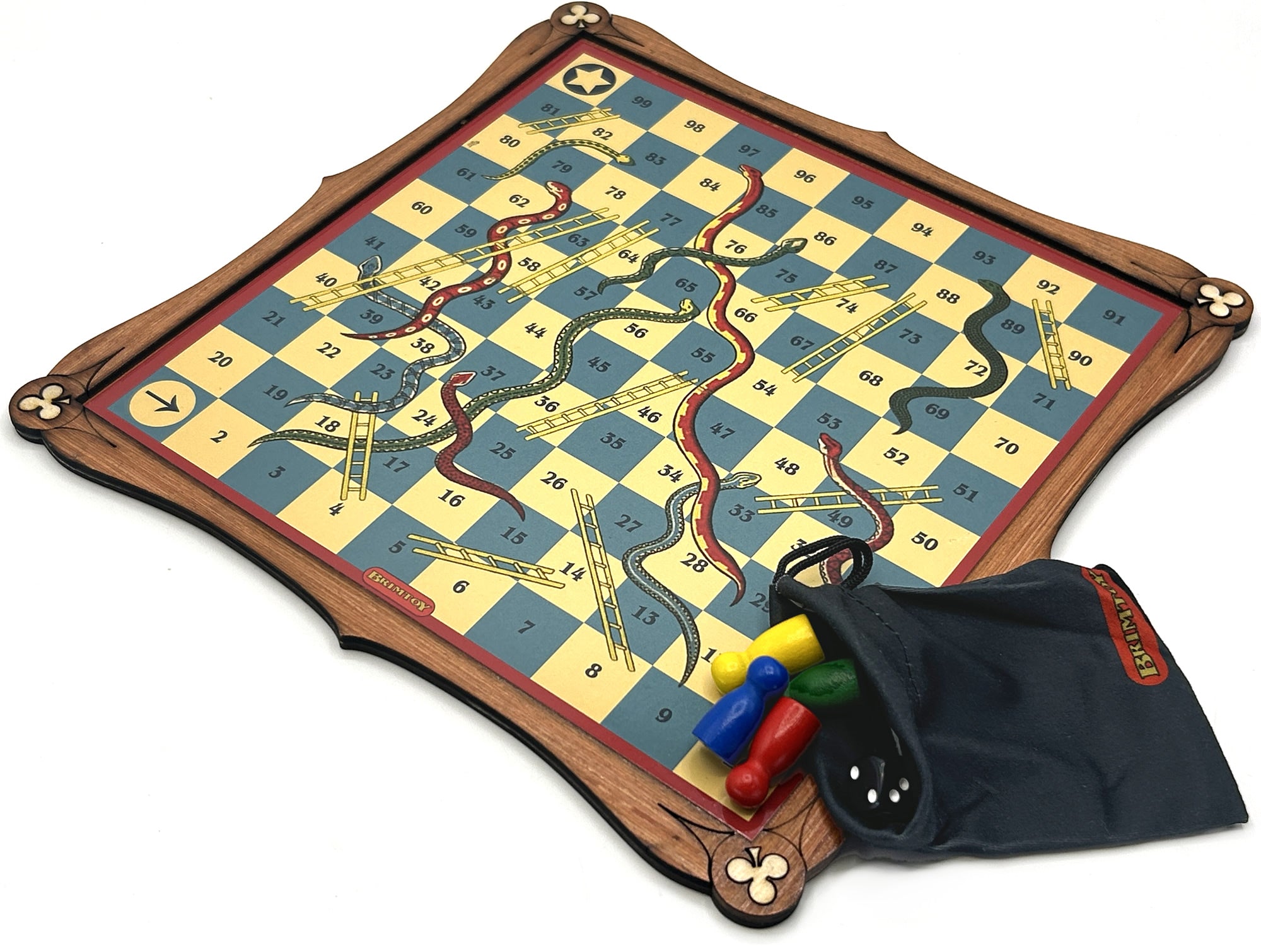 Wooden snakes and ladders board game with game pieces, die and bag for game pieces.