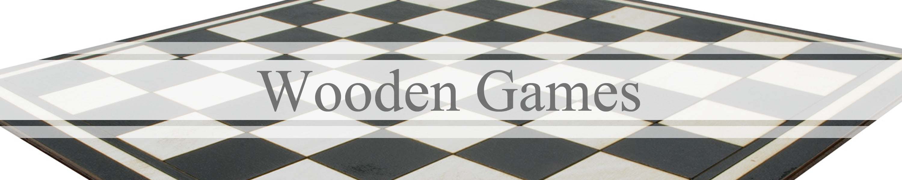 Wooden games banner with black and white chess board in background