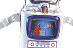 Close up of Aerial Vintage-style robot tin toy 