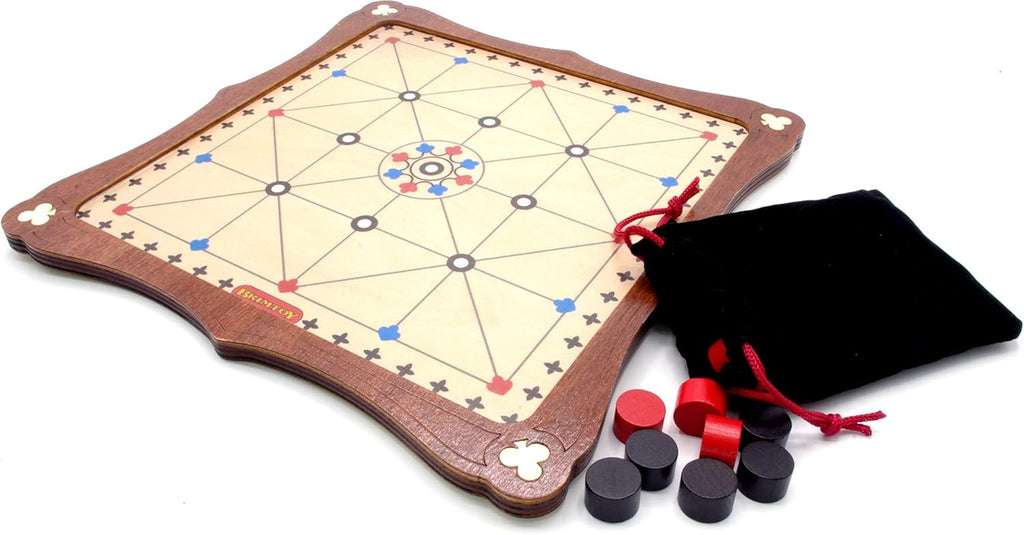 Alquerque board game with playing pieces and drawstring bag