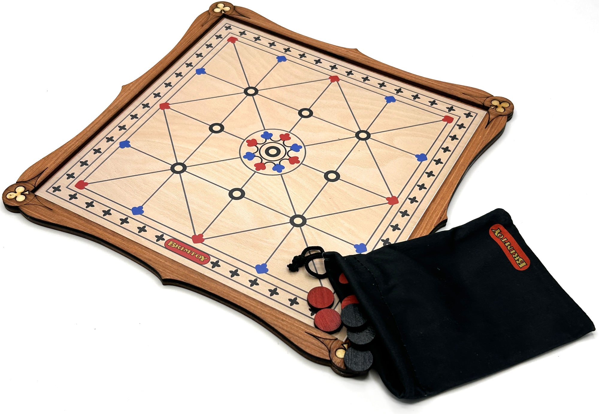 Wooden Alquerque Board Game with playing pieces and bag for playing pieces