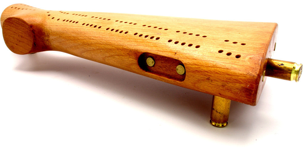 Rifle-butt cribbage board.