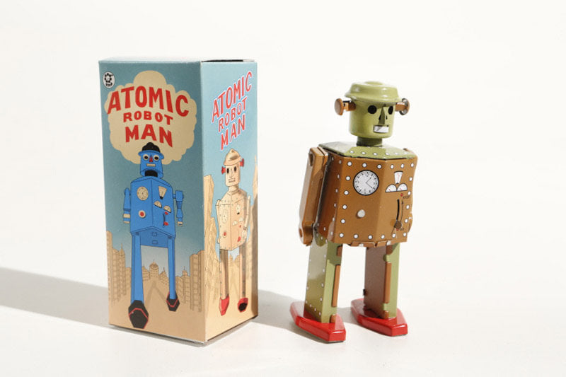 Atomic Vintage-style tin toy robot with packaging labelled 'Atomic Robot Man' 