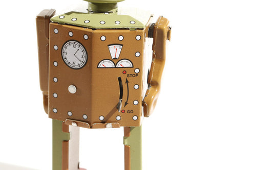Close up of atomic tin toy robot showing stop/go lever