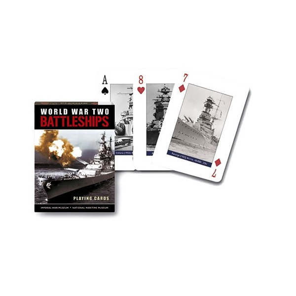 World War Two Battleships playing cards with ship images on cards and packaging.