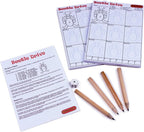 Beetle Drive game components including instructions, score pads, pencils, and a die 