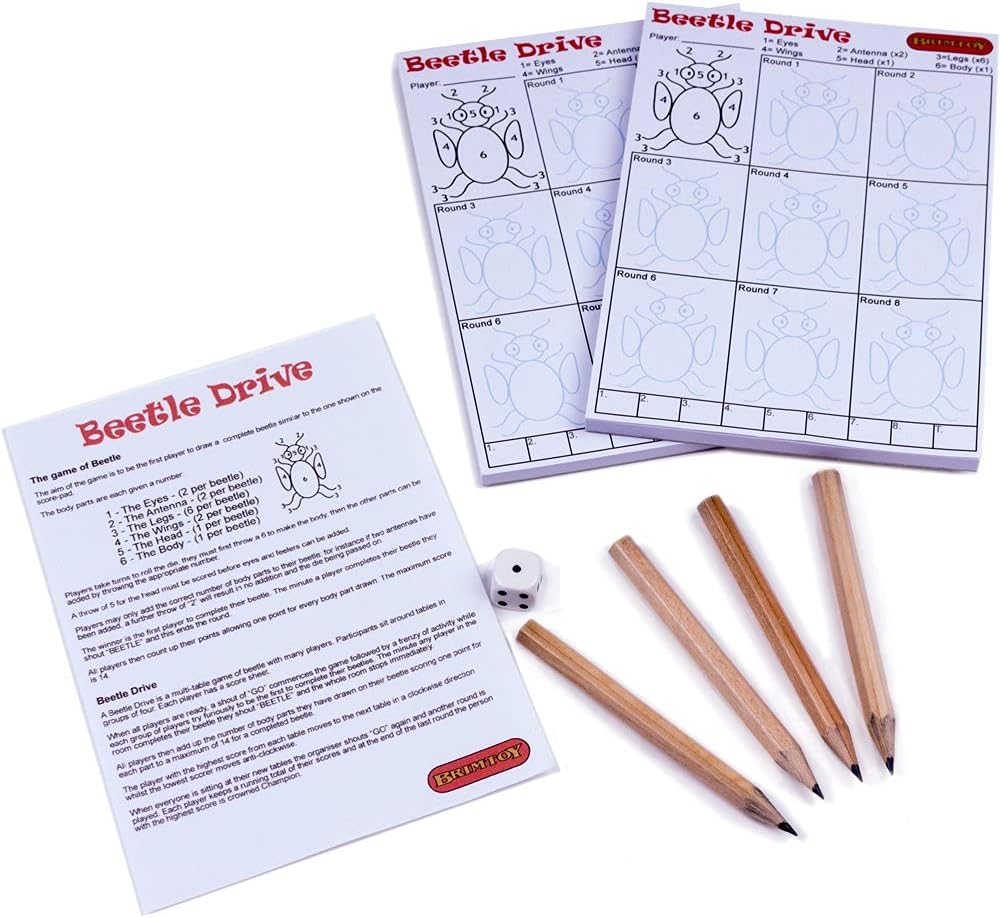 Beetle Drive game components including instructions, score pads, pencils, and a die 