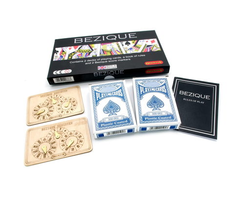 Bezique boxed game with instructions, wooden score markers and playing cards