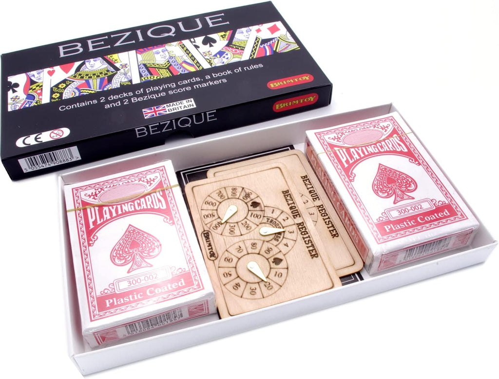 Bezique boxed game with wooden score markers and playing cards