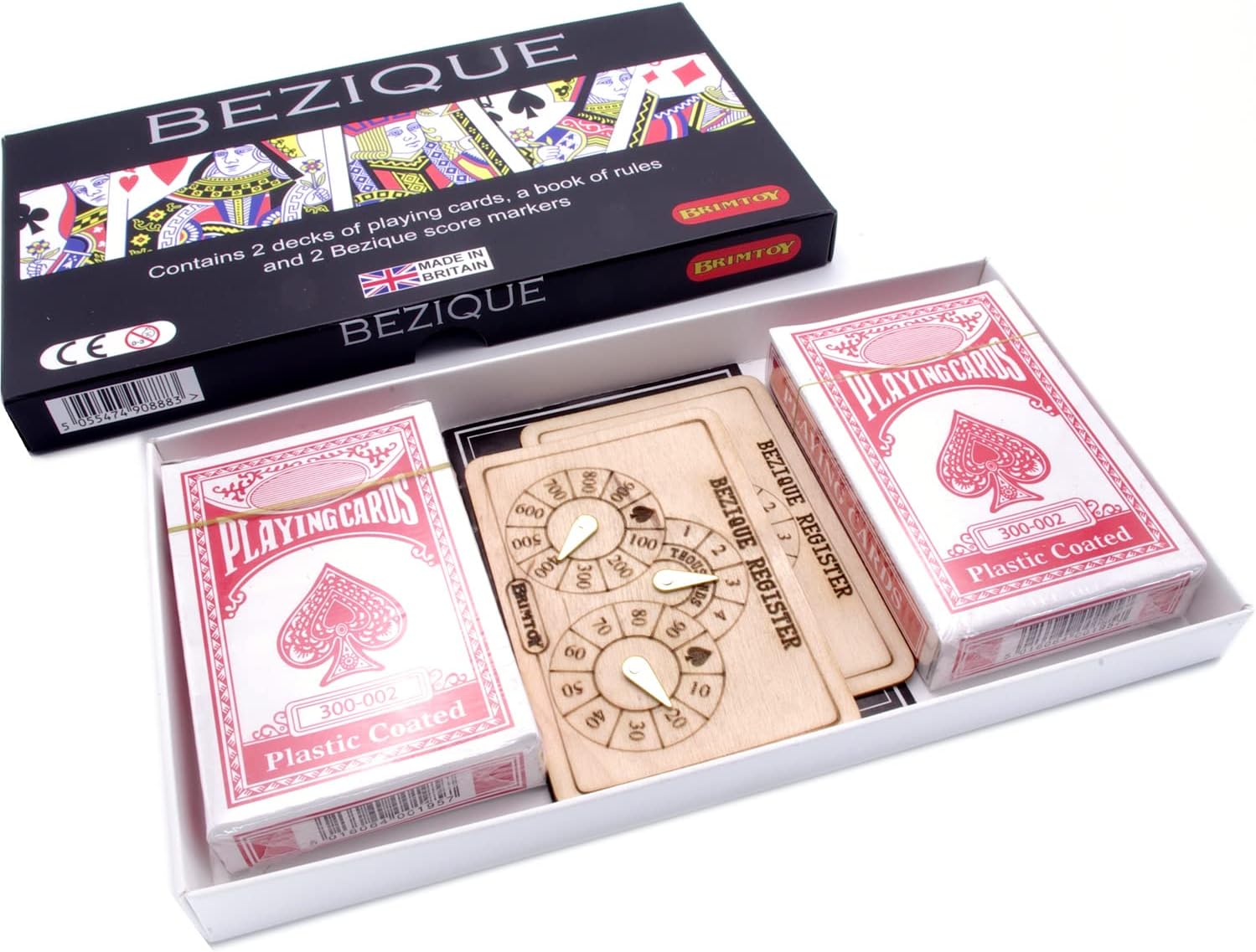 Bezique boxed game with wooden score markers and playing cards