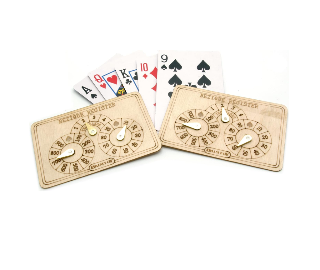 Two Wooden bezique score markers with playing cards