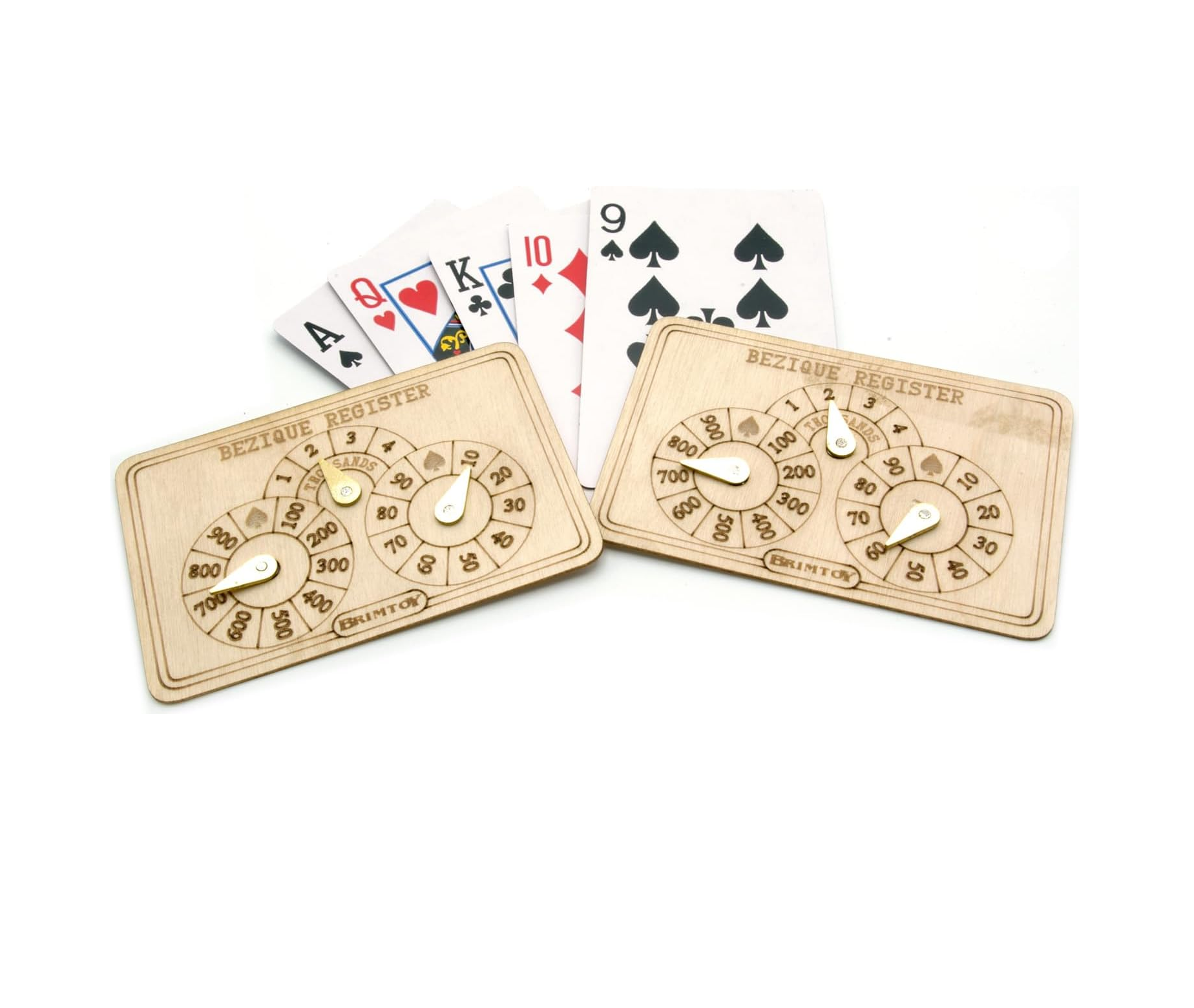 Two Wooden bezique score markers with playing cards