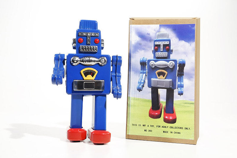 Big Blue Robot tin toy with packagng