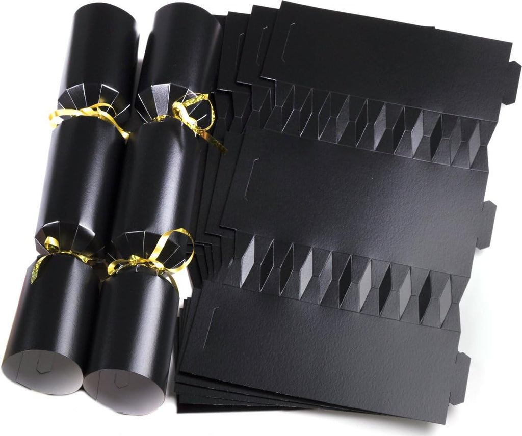 black crackers with gold ribbon and cracker blanks