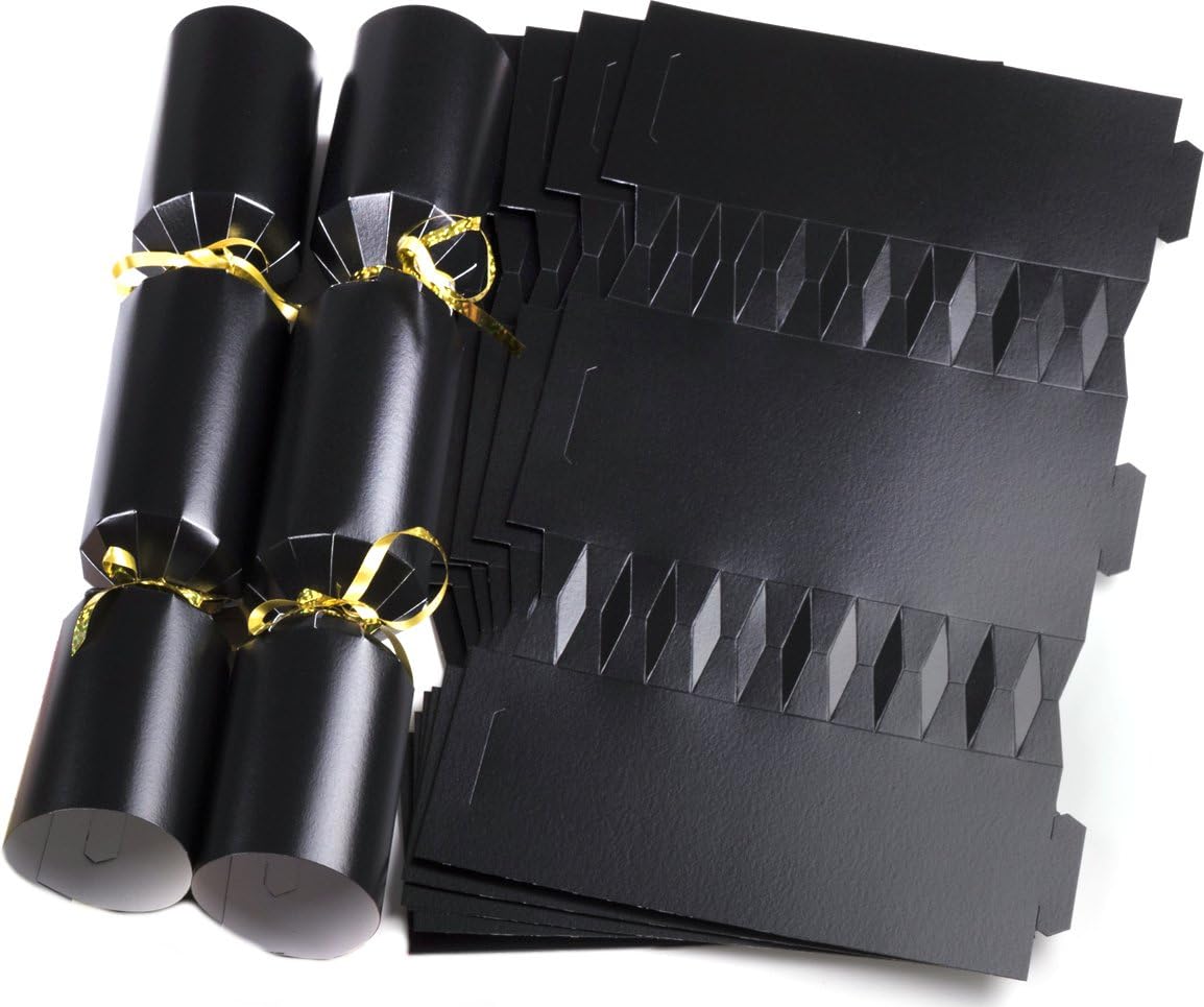 black crackers with gold ribbon and cracker blanks