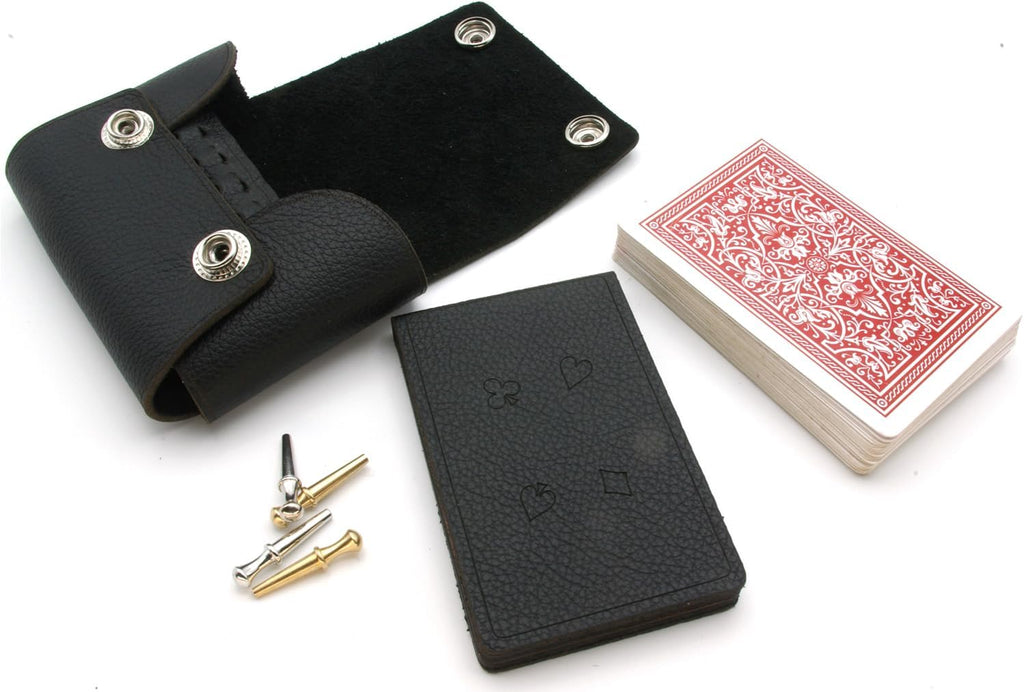 Black leather cribbage board with playing cards, cribbage pegs a black leather pouch.