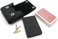 Black leather cribbage board with playing cards, cribbage pegs a black leather pouch.