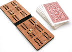 Black leather cribbage board with playing cards and cribbage pegs 