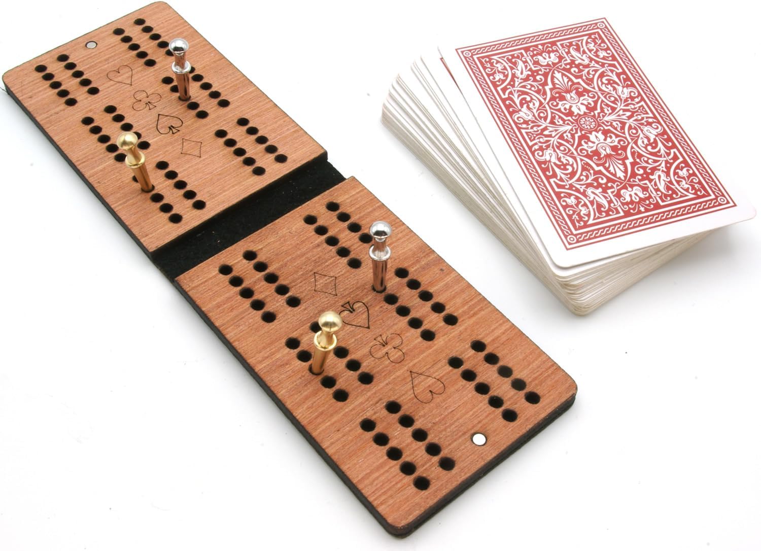 Black leather cribbage board with playing cards and cribbage pegs 